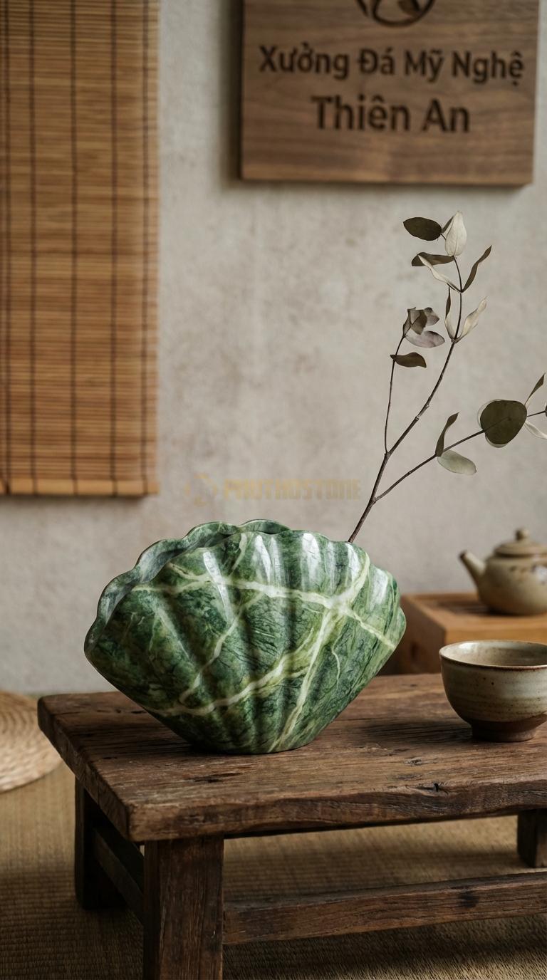 Lọ Hoa Đá Xanh Ấn Họa Tiết “Vỏ Sò” (Mô Phỏng Hình Vỏ Trai/Sò Lớn). Kích Thước Dài 28Cm, Rộng 18Cm, Cao 9Cm.