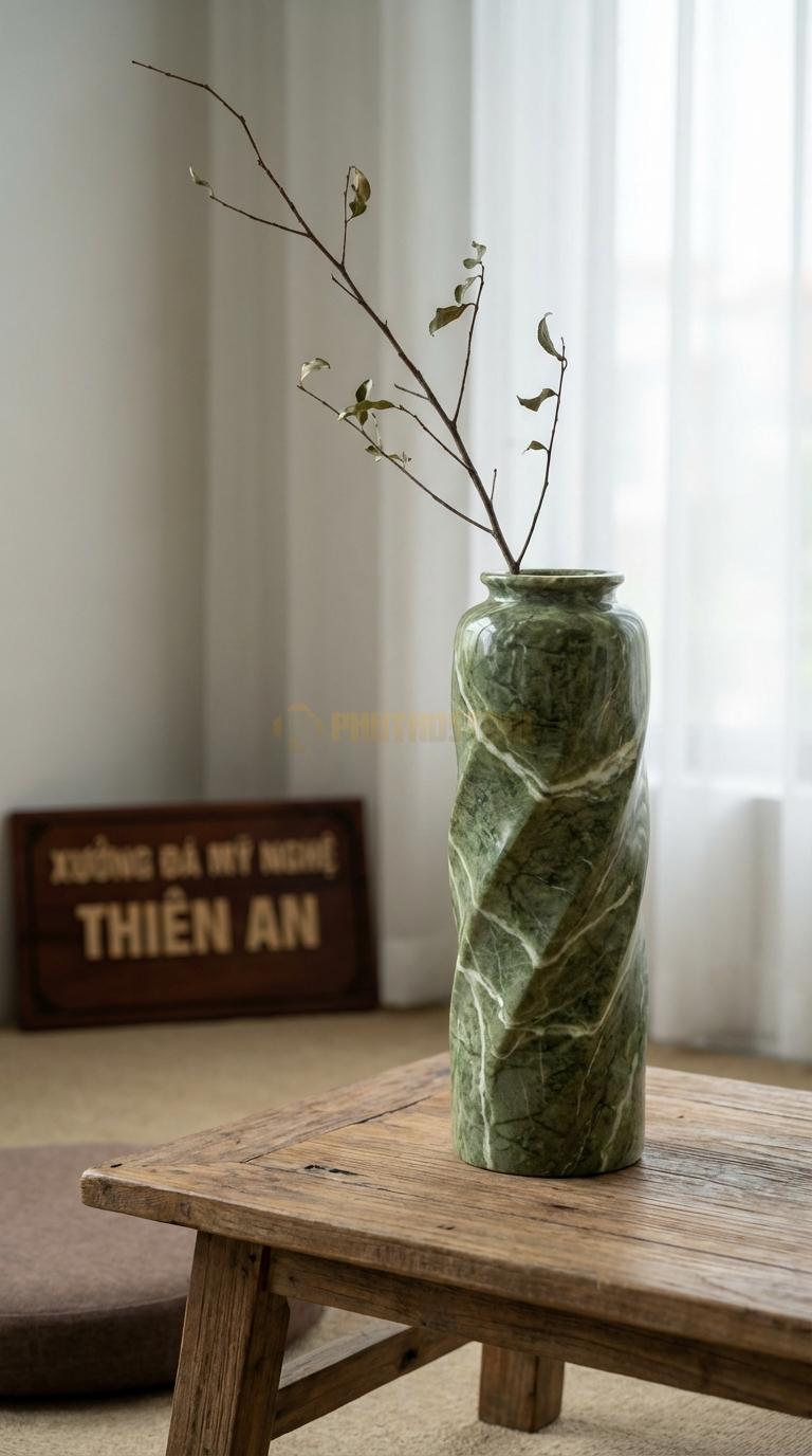 Lọ Hoa Đá Xanh Ấn Họa Tiết “Xoắn Ốc” (Thân Bình Vặn Xoắn Từ Dưới Lên). Kích Thước Cao 35Cm, Đk 12Cm.