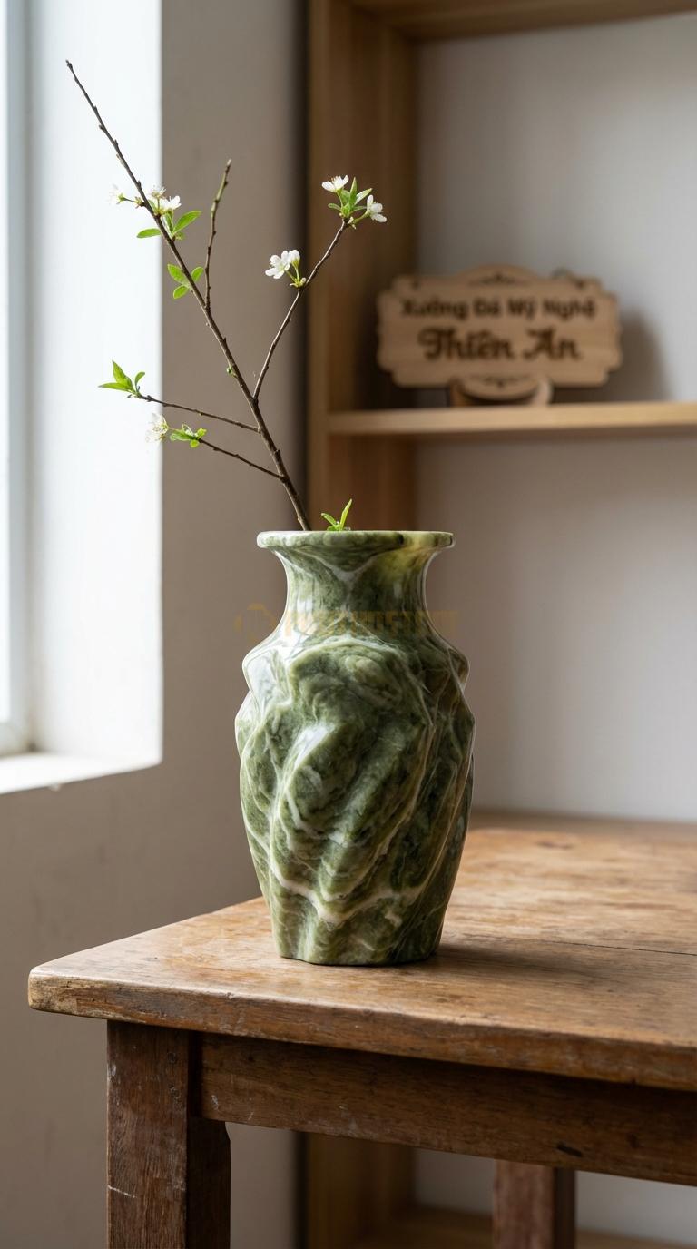 Lọ Hoa Đá Xanh Ấn Họa Tiết “Ziczac” (Thân Lọ Có Các Đường Gấp Khúc). Kích Thước Cao 15Cm, Đk 9Cm.