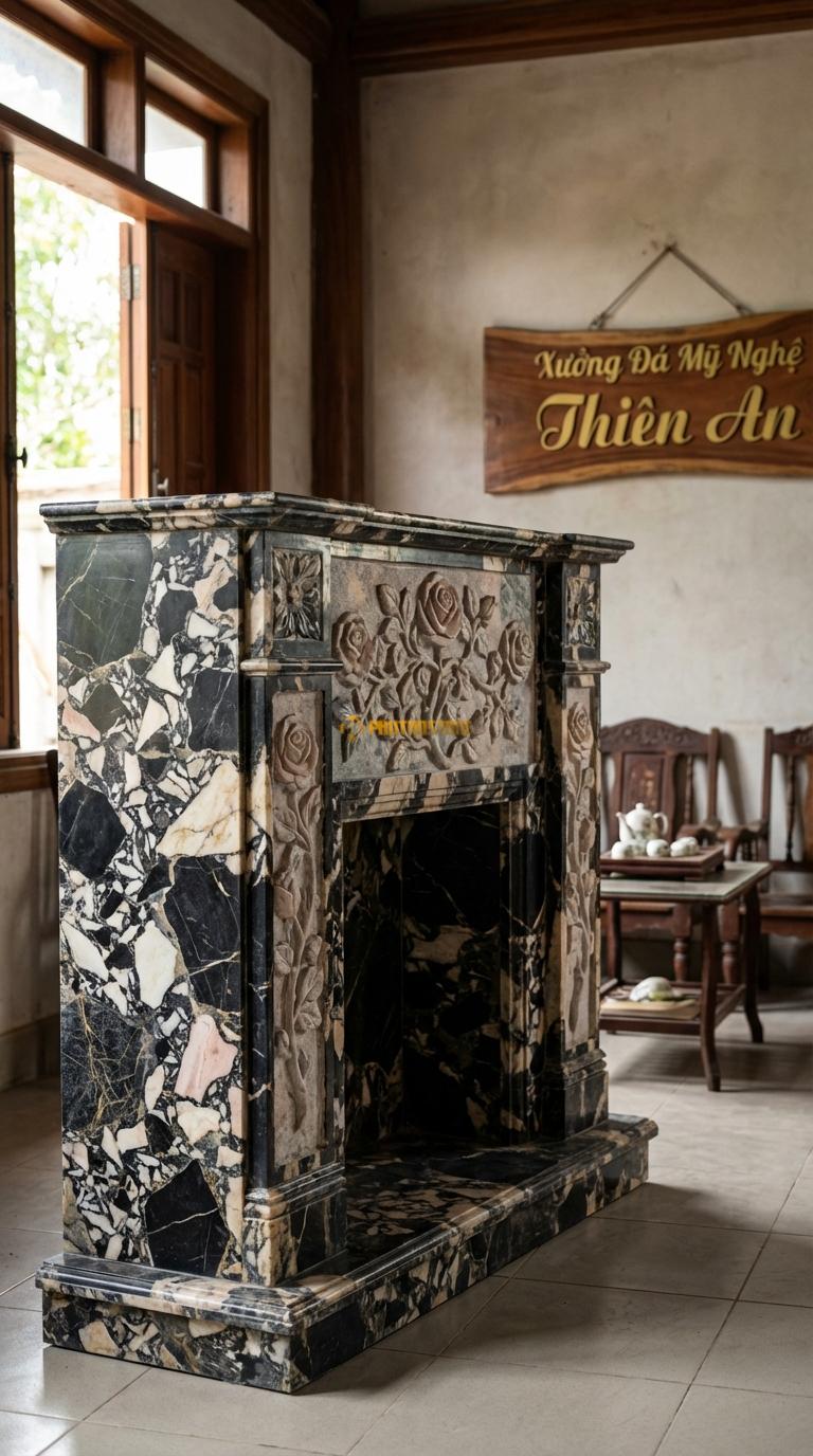 Lò Sưởi Chạm Hoa Hồng Đá Da Báo Phù điêu dây hoa hồng leo mềm mại ở tâm và hai bên, Kích thước 1m5 x 1m1 x 30cm