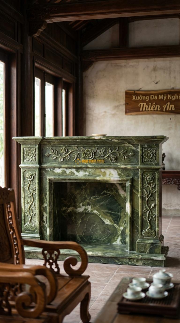 Lò Sưởi Chạm Hoa Hồng Đá Serpentine Phù điêu dây hoa hồng leo mềm mại ở tâm và hai bên, Kích thước 1m5 x 1m1 x 30cm