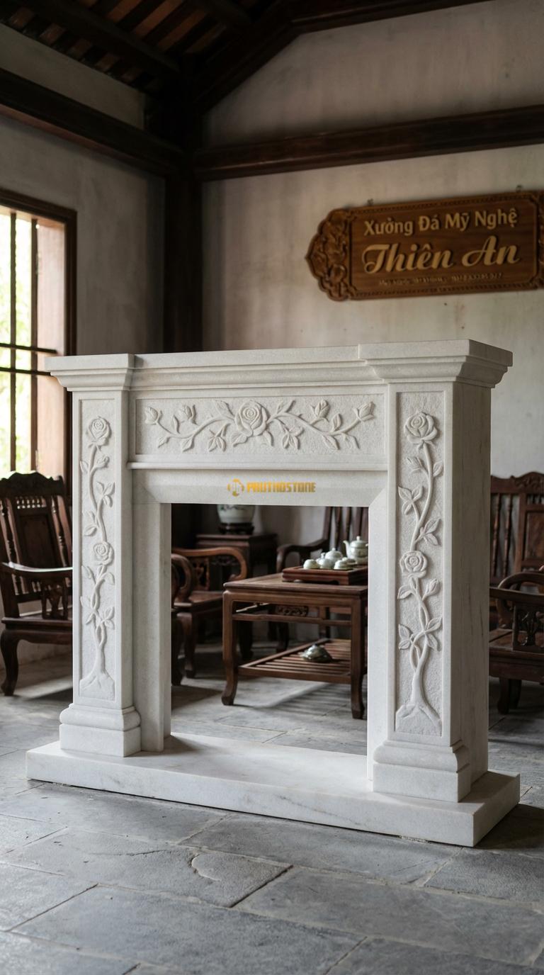 Lò Sưởi Chạm Hoa Hồng Đá Trắng Muối Phù điêu dây hoa hồng leo mềm mại ở tâm và hai bên, Kích thước 1m5 x 1m1 x 30cm