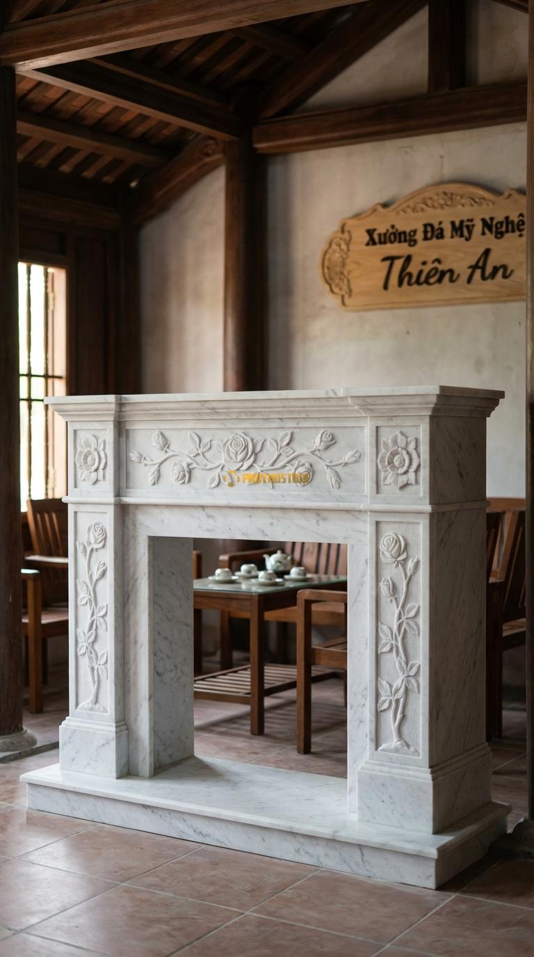 Lò Sưởi Chạm Hoa Hồng Đá Trắng Yên Bái Phù điêu dây hoa hồng leo mềm mại ở tâm và hai bên, Kích thước 1m5 x 1m1 x 30cm