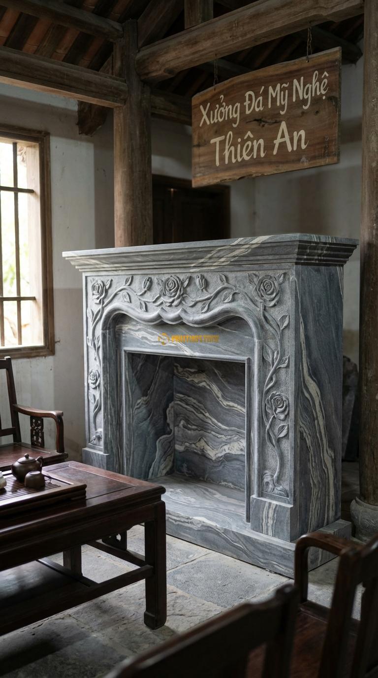 Lò Sưởi Chạm Hoa Hồng Đá Vân Mây Phù điêu dây hoa hồng leo mềm mại ở tâm và hai bên, Kích thước 1m5 x 1m1 x 30cm