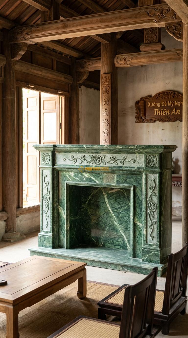 Lò Sưởi Chạm Hoa Hồng Đá Xanh Ấn Phù điêu dây hoa hồng leo mềm mại ở tâm và hai bên, Kích thước 1m5 x 1m1 x 30cm