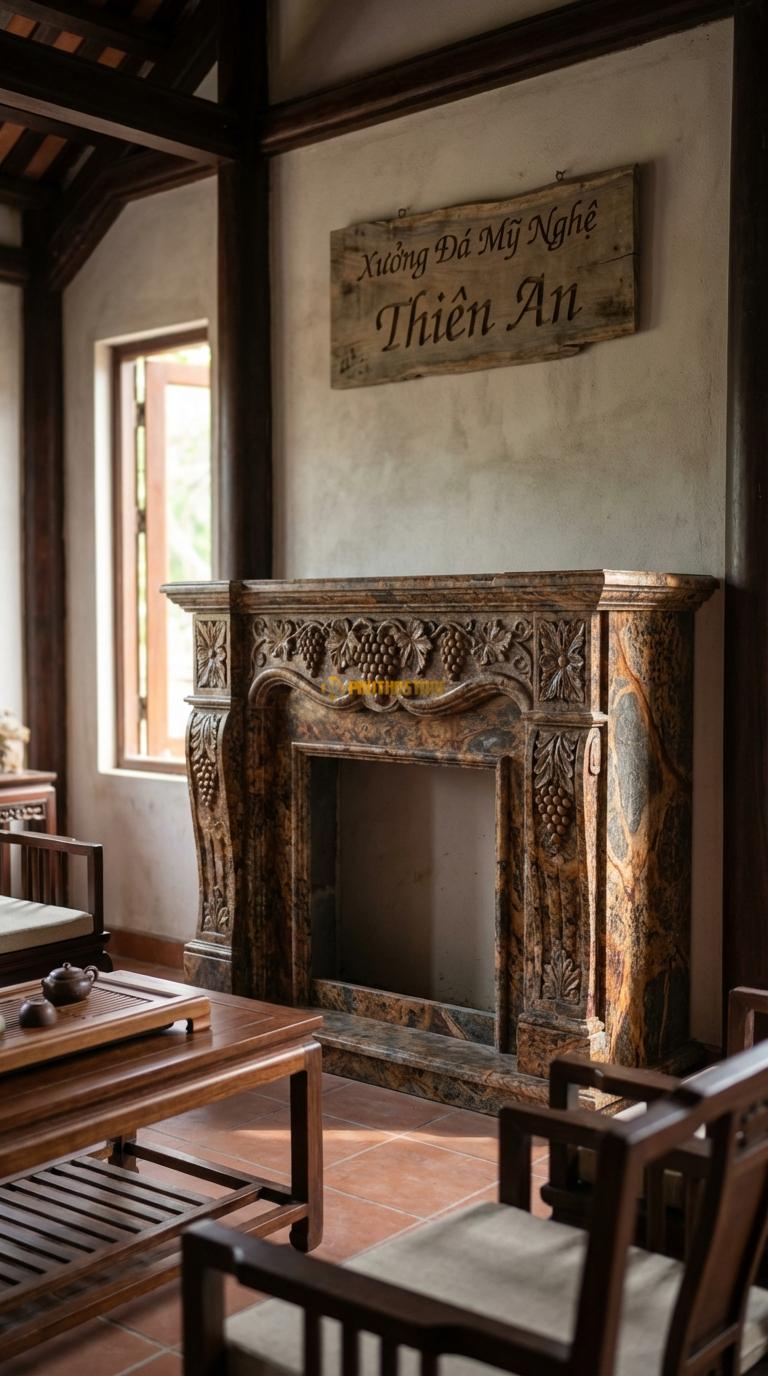 Lò Sưởi Chùm Nho Đá Da Báo Chạm chùm nho và lá nho (biểu tượng sung túc), Kích thước 1m4 x 1m1 x 30cm