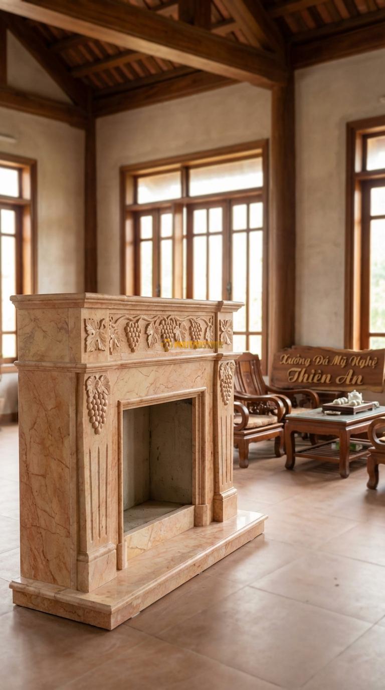 Lò Sưởi Chùm Nho Đá Hồng Chạm chùm nho và lá nho (biểu tượng sung túc), Kích thước 1m4 x 1m1 x 30cm