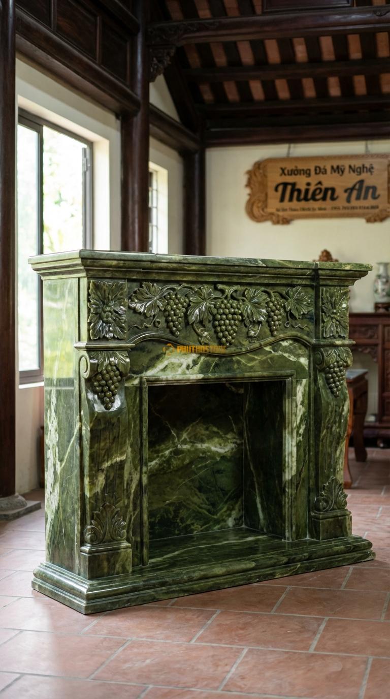 Lò Sưởi Chùm Nho Đá Serpentine Chạm chùm nho và lá nho (biểu tượng sung túc), Kích thước 1m4 x 1m1 x 30cm