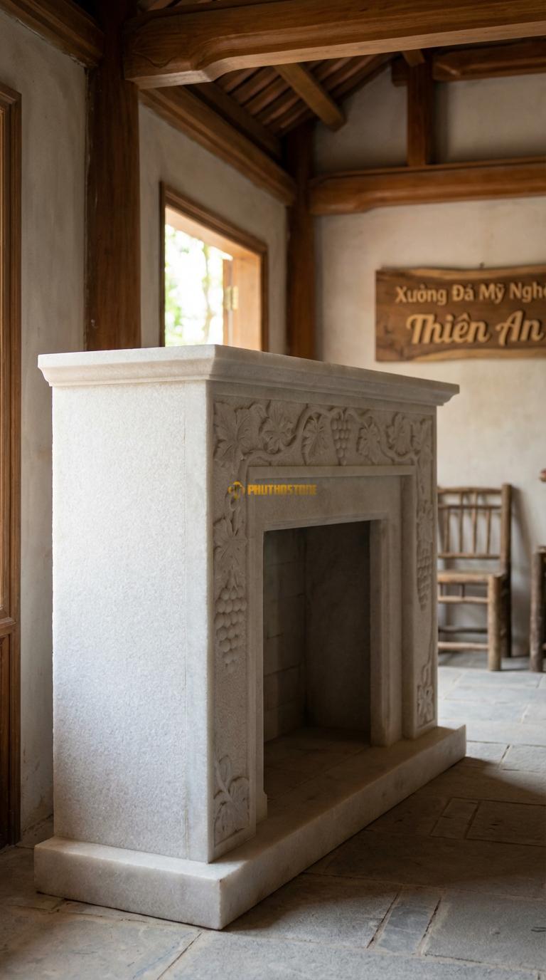 Lò Sưởi Chùm Nho Đá Trắng Muối Chạm chùm nho và lá nho (biểu tượng sung túc), Kích thước 1m4 x 1m1 x 30cm