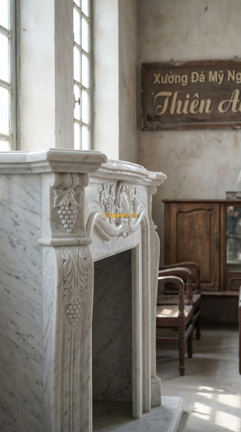 Lò Sưởi Chùm Nho Đá Trắng Yên Bái Chạm chùm nho và lá nho (biểu tượng sung túc), Kích thước 1m4 x 1m1 x 30cm