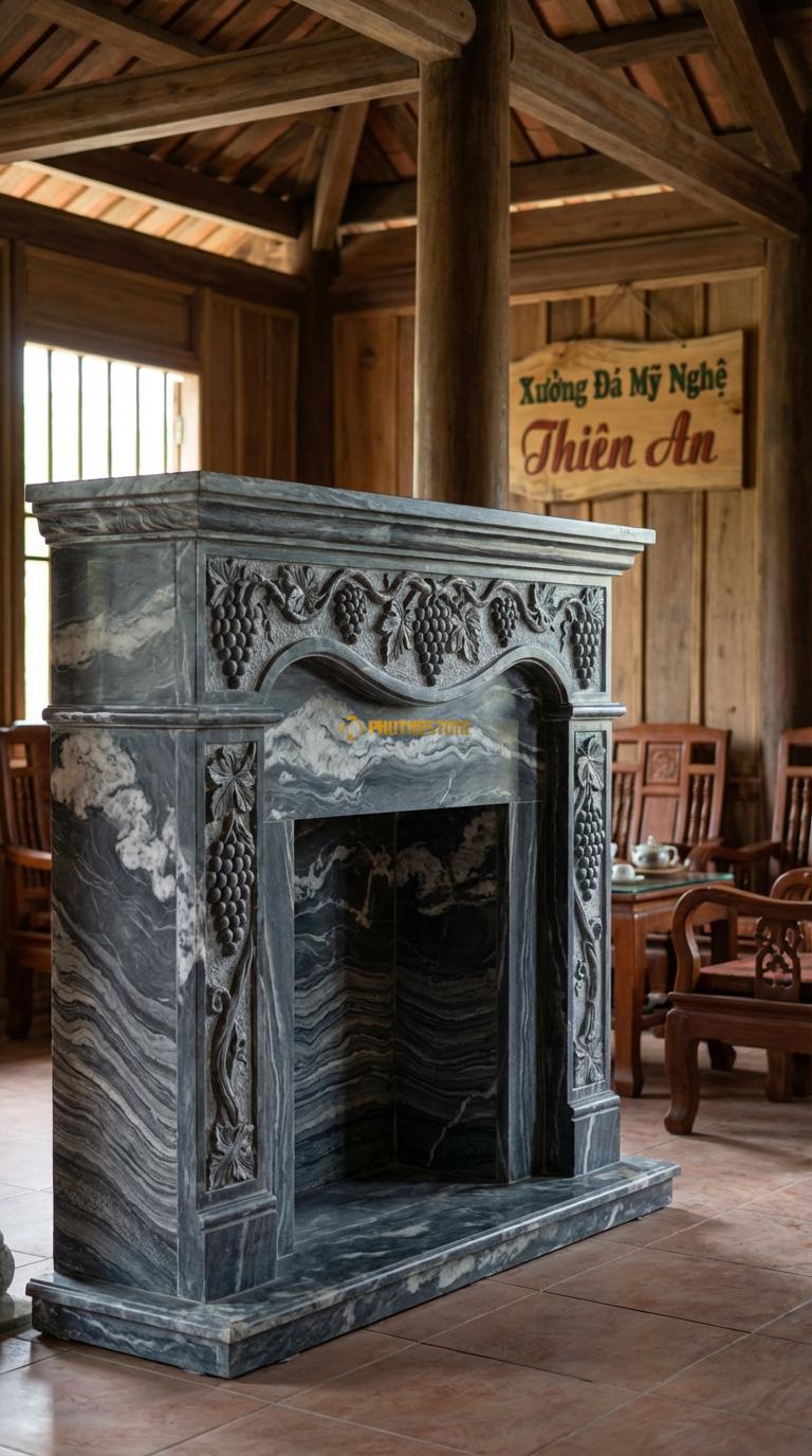 Lò Sưởi Chùm Nho Đá Vân Mây Chạm chùm nho và lá nho (biểu tượng sung túc), Kích thước 1m4 x 1m1 x 30cm