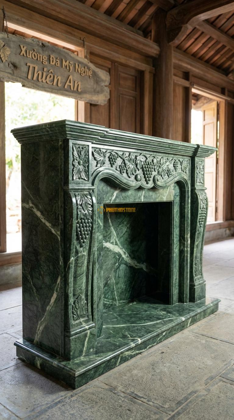 Lò Sưởi Chùm Nho Đá Xanh Ấn Chạm chùm nho và lá nho (biểu tượng sung túc), Kích thước 1m4 x 1m1 x 30cm