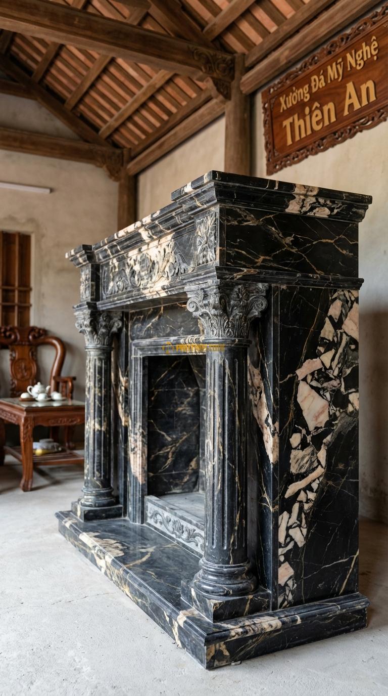 Lò Sưởi Cột Corinth Đá Da Báo Hai cột tròn trơn hoặc rãnh khía, đầu cột hoa lá Tây, Kích thước 1m4 x 1m2 x 35cm