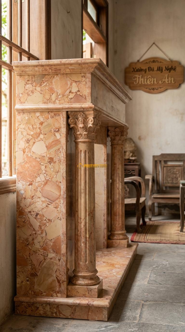 Lò Sưởi Cột Corinth Đá Hồng Hai cột tròn trơn hoặc rãnh khía, đầu cột hoa lá Tây, Kích thước 1m4 x 1m2 x 35cm