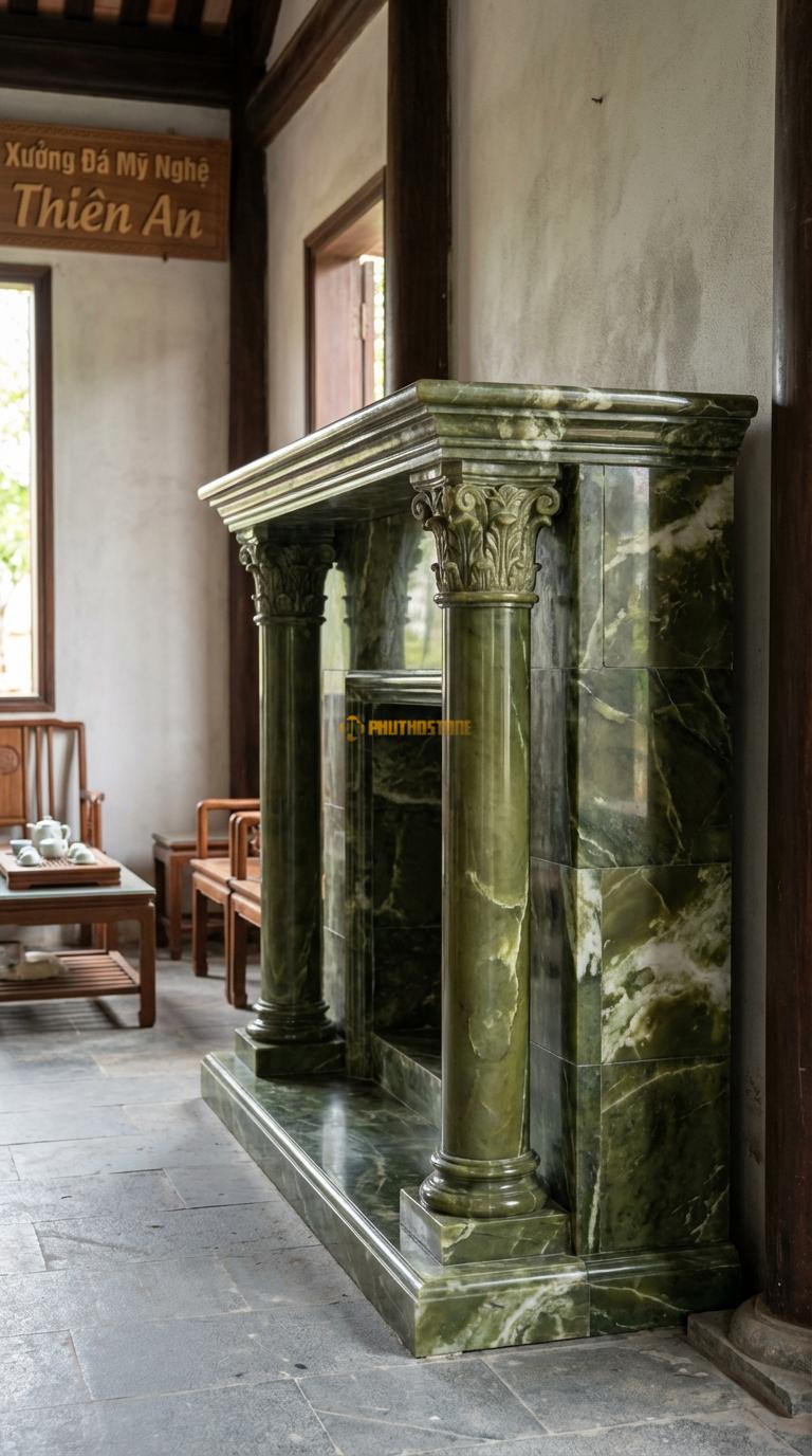 Lò Sưởi Cột Corinth Đá Serpentine Hai cột tròn trơn hoặc rãnh khía, đầu cột hoa lá Tây, Kích thước 1m4 x 1m2 x 35cm