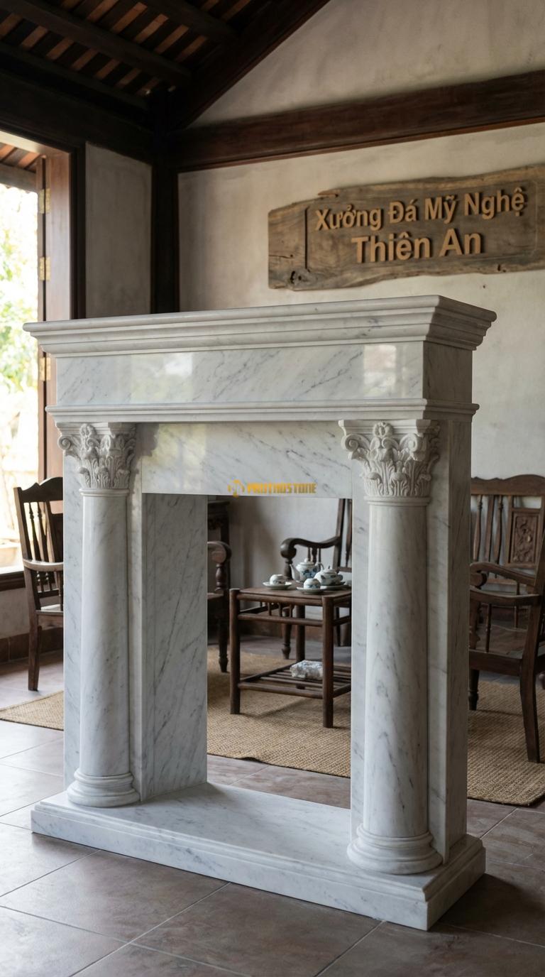 Lò Sưởi Cột Corinth Đá Trắng Yên Bái Hai cột tròn trơn hoặc rãnh khía, đầu cột hoa lá Tây, Kích thước 1m4 x 1m2 x 35cm