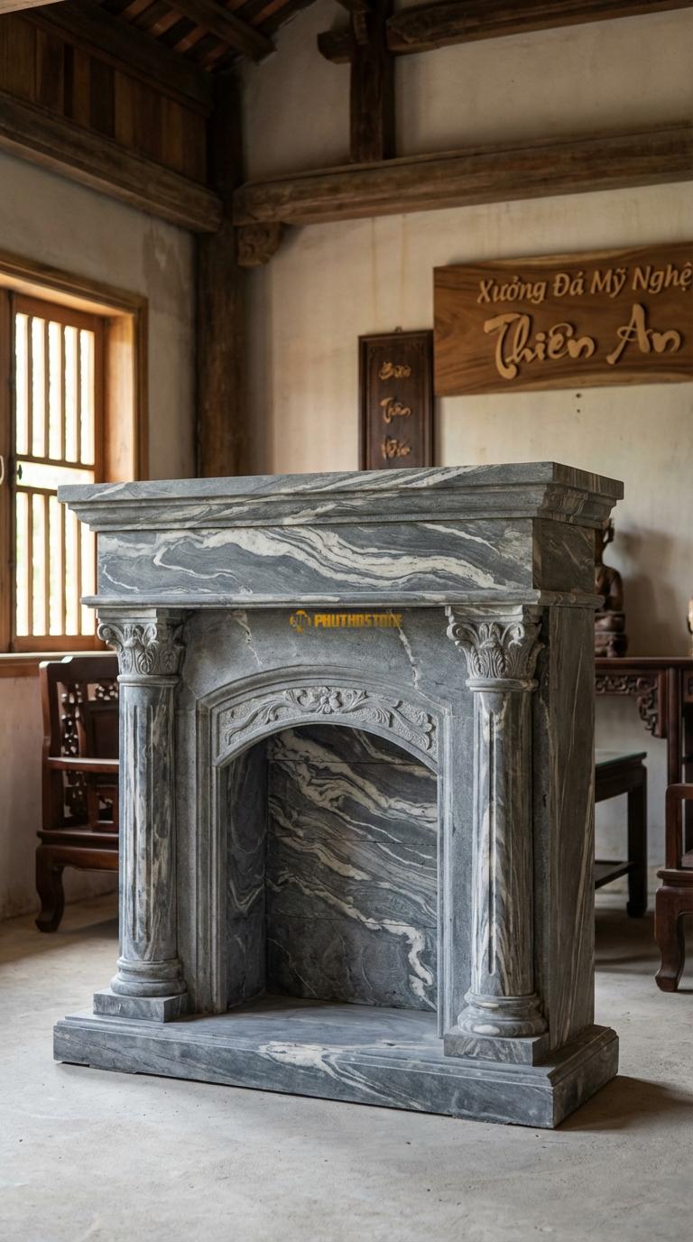 Lò Sưởi Cột Corinth Đá Vân Mây Hai cột tròn trơn hoặc rãnh khía, đầu cột hoa lá Tây, Kích thước 1m4 x 1m2 x 35cm