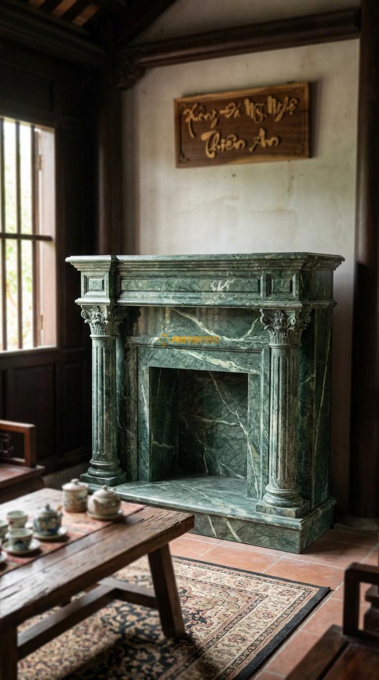 Lò Sưởi Cột Corinth Đá Xanh Ấn Hai cột tròn trơn hoặc rãnh khía, đầu cột hoa lá Tây, Kích thước 1m4 x 1m2 x 35cm