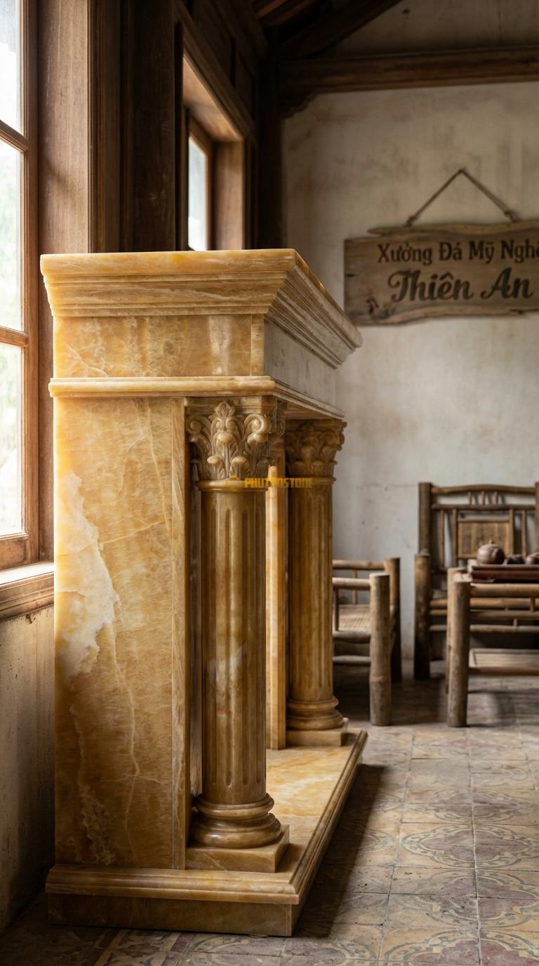 Lò Sưởi Cột Corinth Ngọc hoàng long Hai cột tròn trơn hoặc rãnh khía, đầu cột hoa lá Tây, Kích thước 1m4 x 1m2 x 35cm