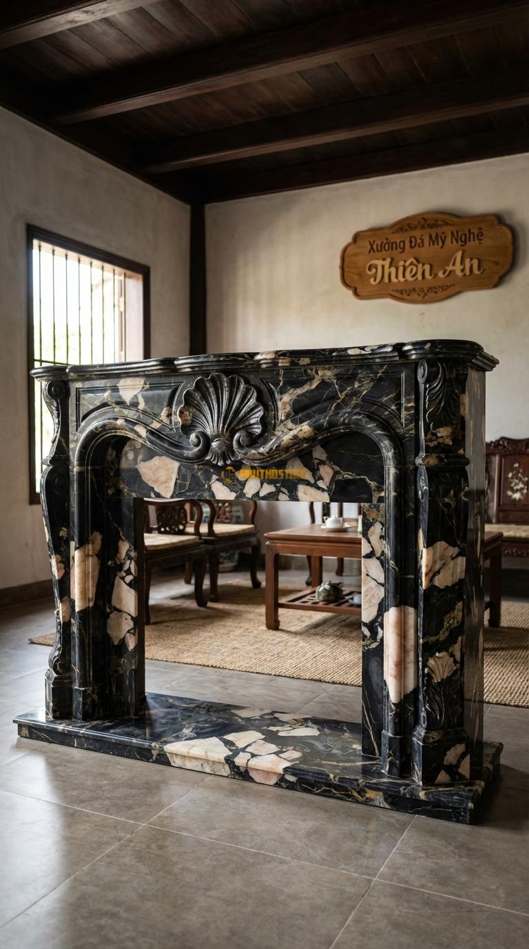 Lò Sưởi Họa Tiết Vỏ Sò Đá Da Báo Tâm điểm chạm hình vỏ sò lớn (Rococo), đường cong uốn lượn, Kích thước 1m4 x 1m1 x 30cm