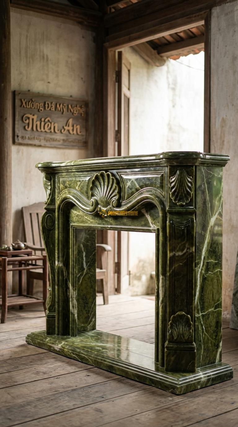 Lò Sưởi Họa Tiết Vỏ Sò Đá Serpentine Tâm điểm chạm hình vỏ sò lớn (Rococo), đường cong uốn lượn, Kích thước 1m4 x 1m1 x 30cm