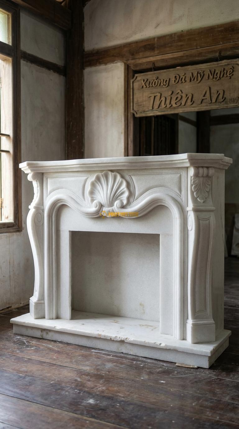 Lò Sưởi Họa Tiết Vỏ Sò Đá Trắng Muối Tâm điểm chạm hình vỏ sò lớn (Rococo), đường cong uốn lượn, Kích thước 1m4 x 1m1 x 30cm