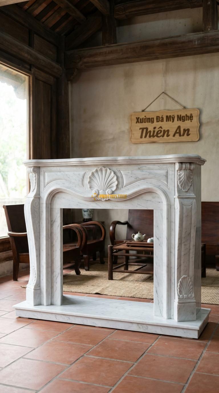 Lò Sưởi Họa Tiết Vỏ Sò Đá Trắng Yên Bái Tâm điểm chạm hình vỏ sò lớn (Rococo), đường cong uốn lượn, Kích thước 1m4 x 1m1 x 30cm