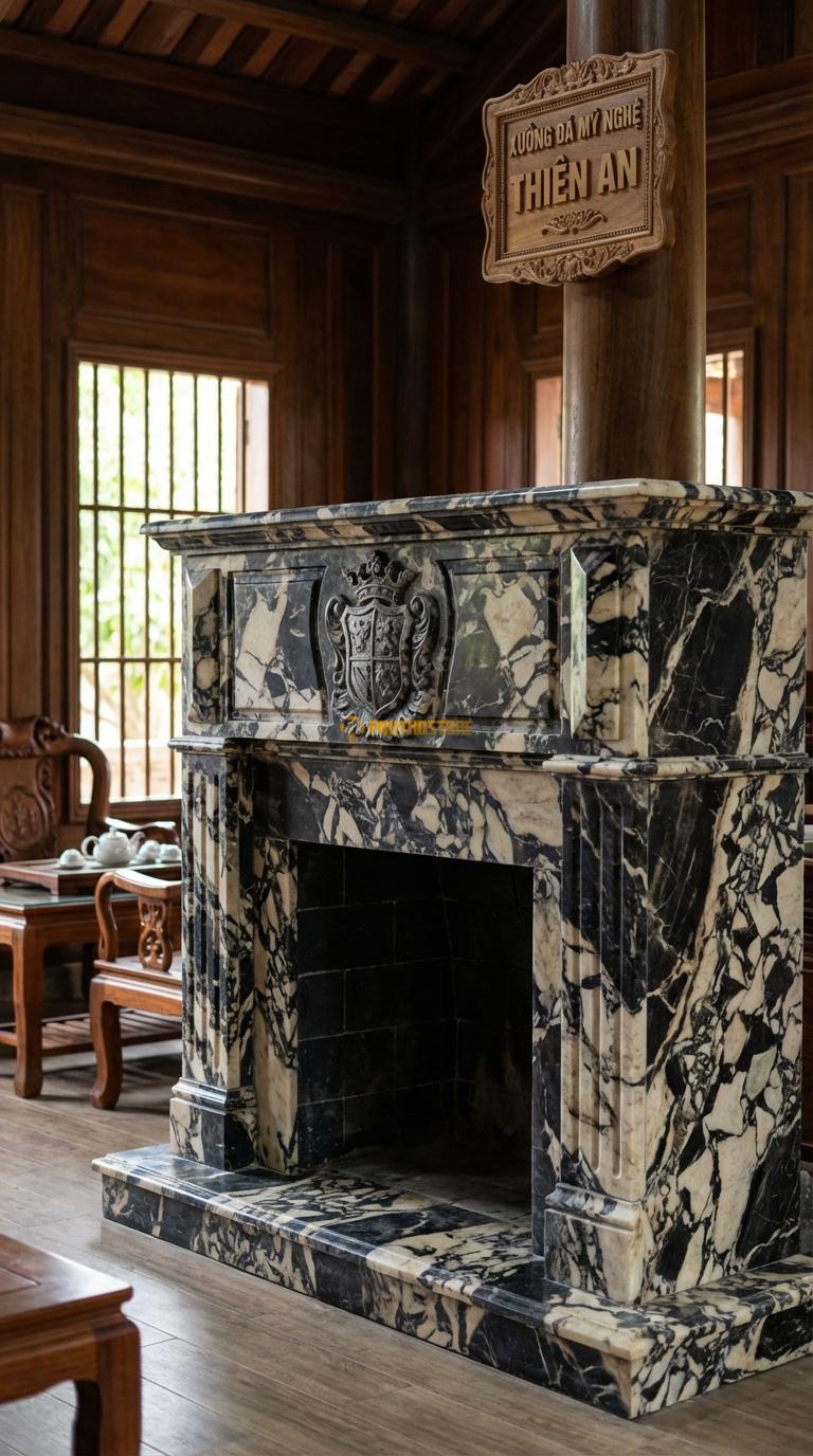 Lò Sưởi Huy Hiệu Hoàng Gia Đá Da Báo Chạm khiên hoặc huy hiệu gia tộc lớn ở chính giữa, Kích thước 1m6 x 1m4 x 40cm