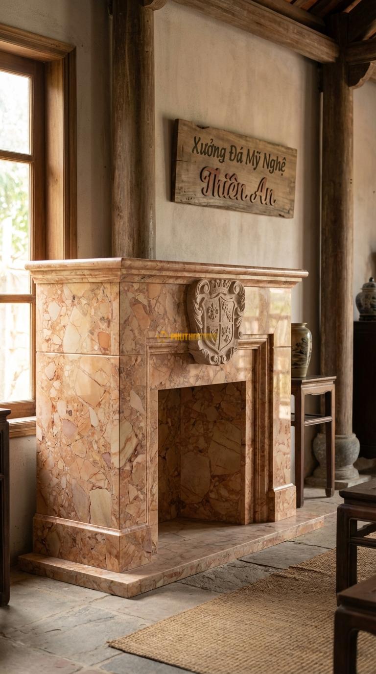 Lò Sưởi Huy Hiệu Hoàng Gia Đá Hồng Chạm khiên hoặc huy hiệu gia tộc lớn ở chính giữa, Kích thước 1m6 x 1m4 x 40cm