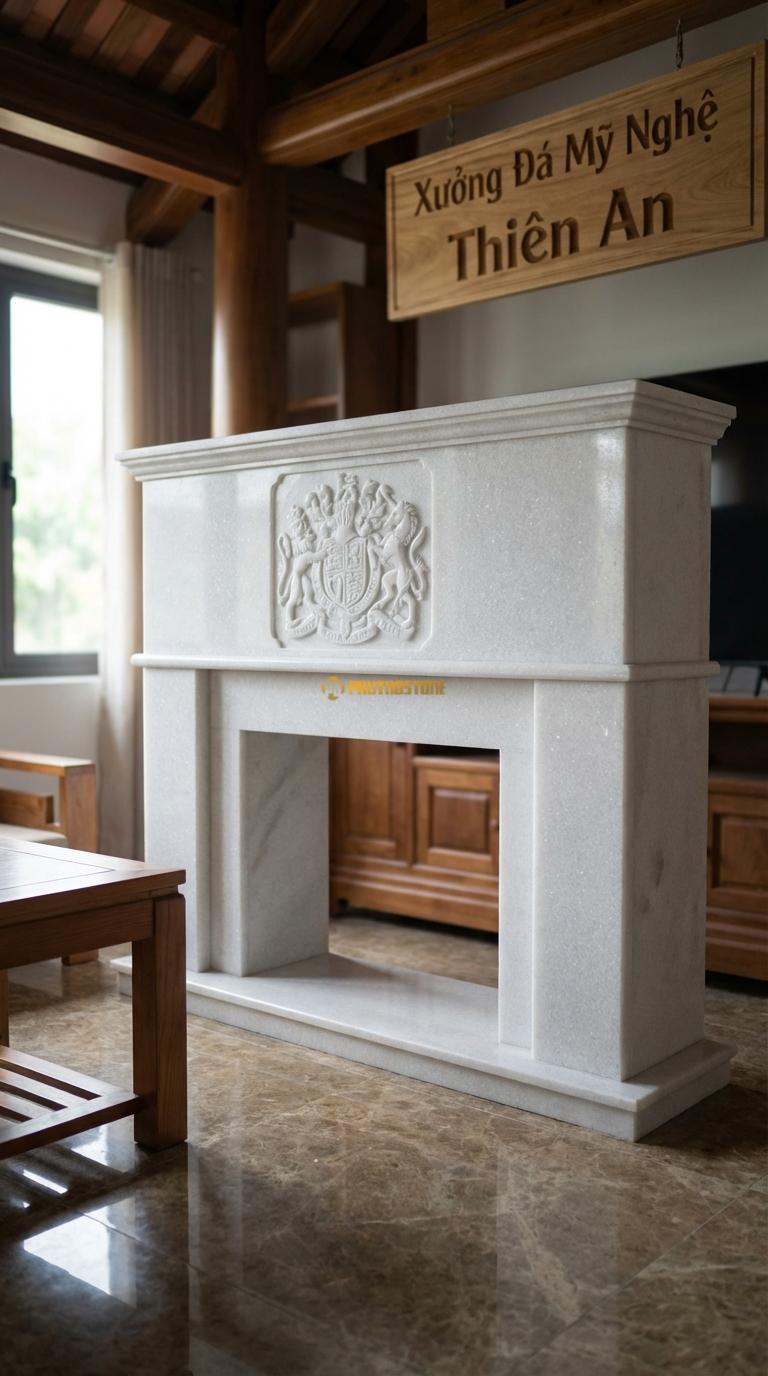 Lò Sưởi Huy Hiệu Hoàng Gia Đá Trắng Muối Chạm khiên hoặc huy hiệu gia tộc lớn ở chính giữa, Kích thước 1m6 x 1m4 x 40cm