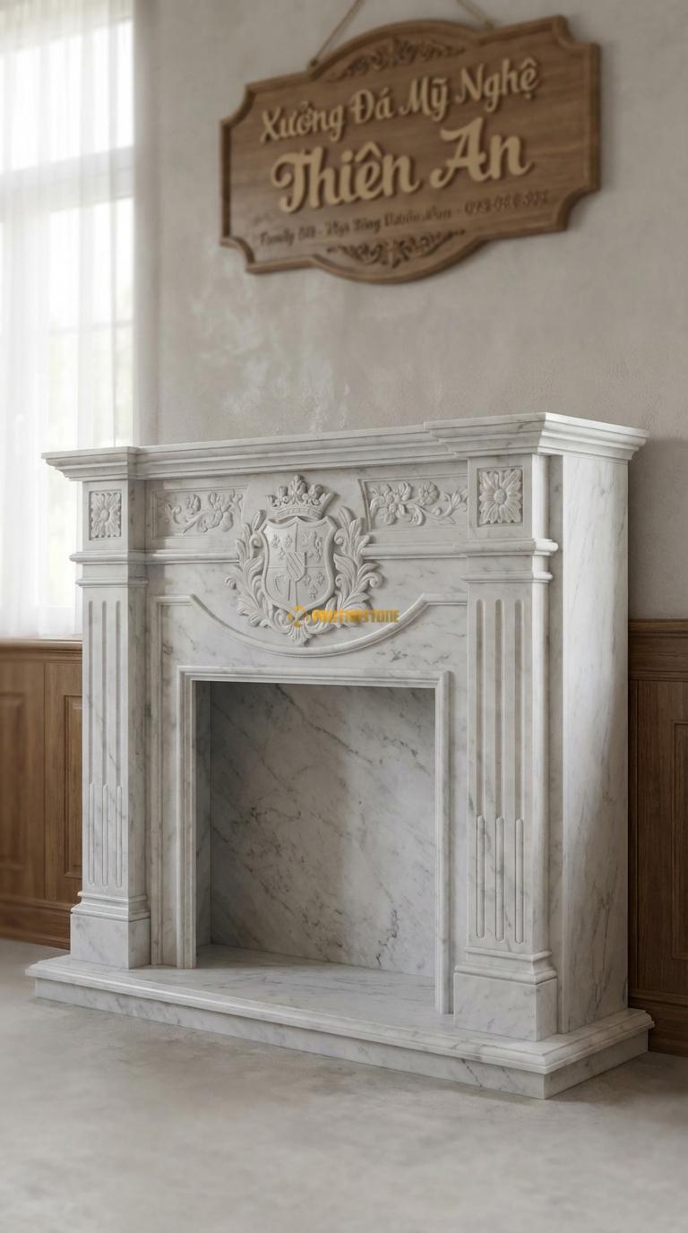 Lò Sưởi Huy Hiệu Hoàng Gia Đá Trắng Yên Bái Chạm khiên hoặc huy hiệu gia tộc lớn ở chính giữa, Kích thước 1m6 x 1m4 x 40cm