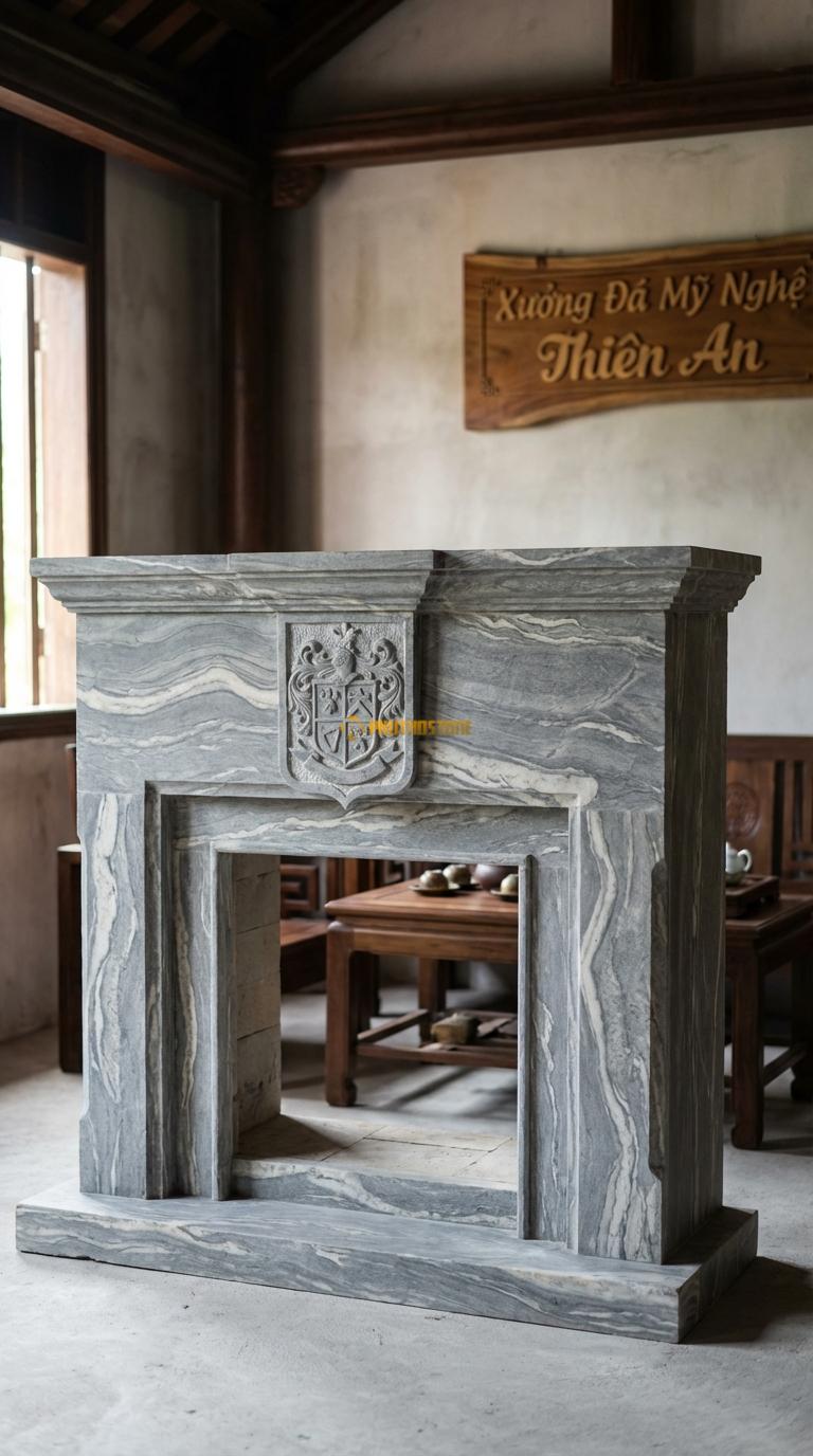 Lò Sưởi Huy Hiệu Hoàng Gia Đá Vân Mây Chạm khiên hoặc huy hiệu gia tộc lớn ở chính giữa, Kích thước 1m6 x 1m4 x 40cm