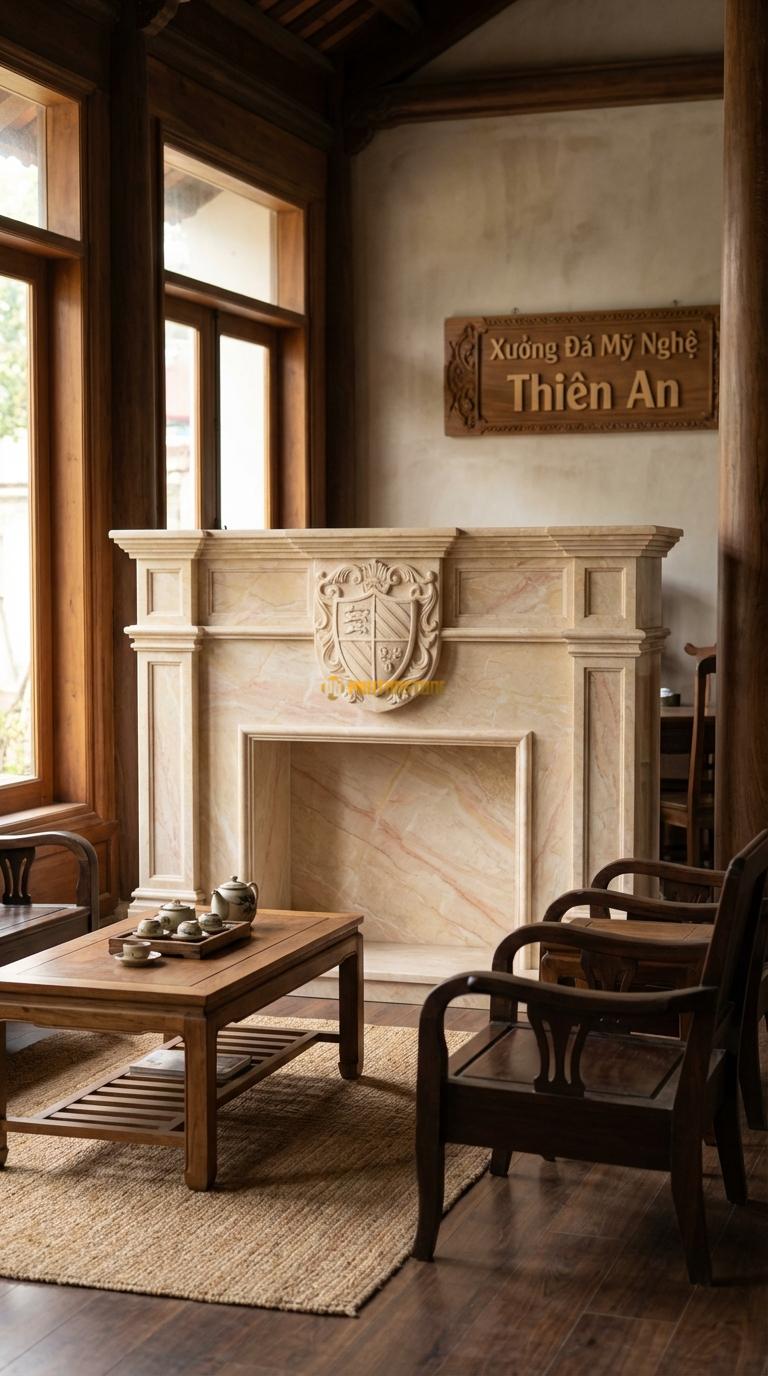 Lò Sưởi Huy Hiệu Hoàng Gia Đá Vàng Nghệ An Chạm khiên hoặc huy hiệu gia tộc lớn ở chính giữa, Kích thước 1m6 x 1m4 x 40cm