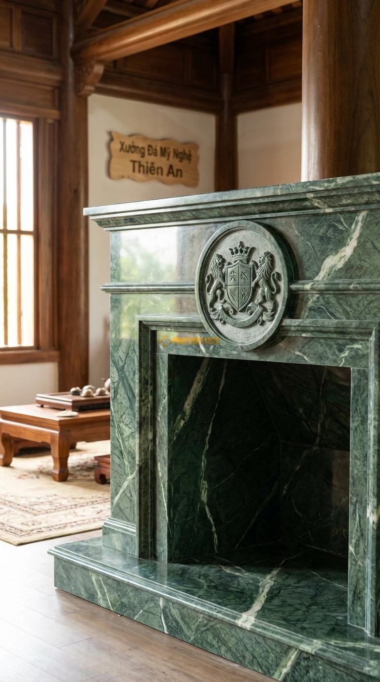 Lò Sưởi Huy Hiệu Hoàng Gia Đá Xanh Ấn Chạm khiên hoặc huy hiệu gia tộc lớn ở chính giữa, Kích thước 1m6 x 1m4 x 40cm