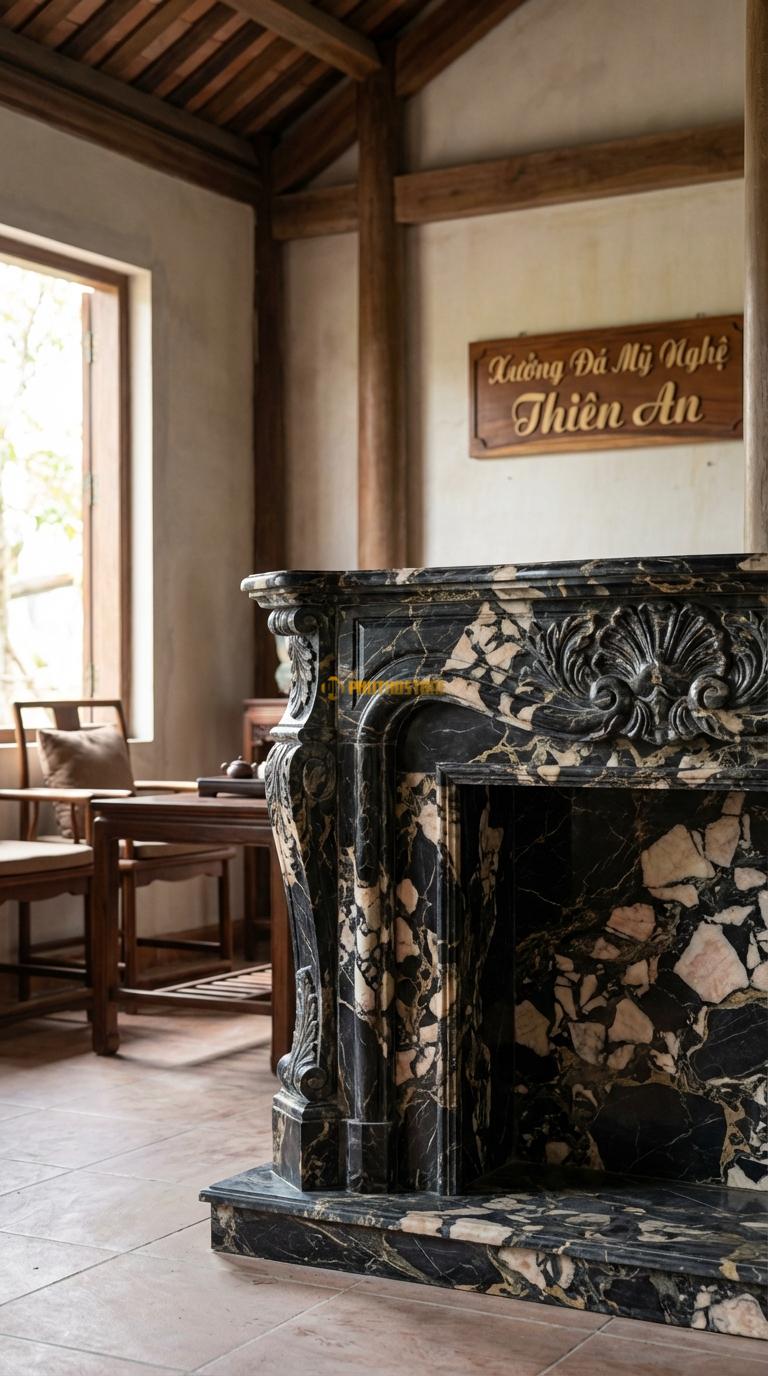 Lò Sưởi Lá Acanthus Đá Da Báo Họa tiết lá Tây (Acanthus) cuộn tròn đối xứng cổ điển, Kích thước 1m3 x 1m0 x 30cm