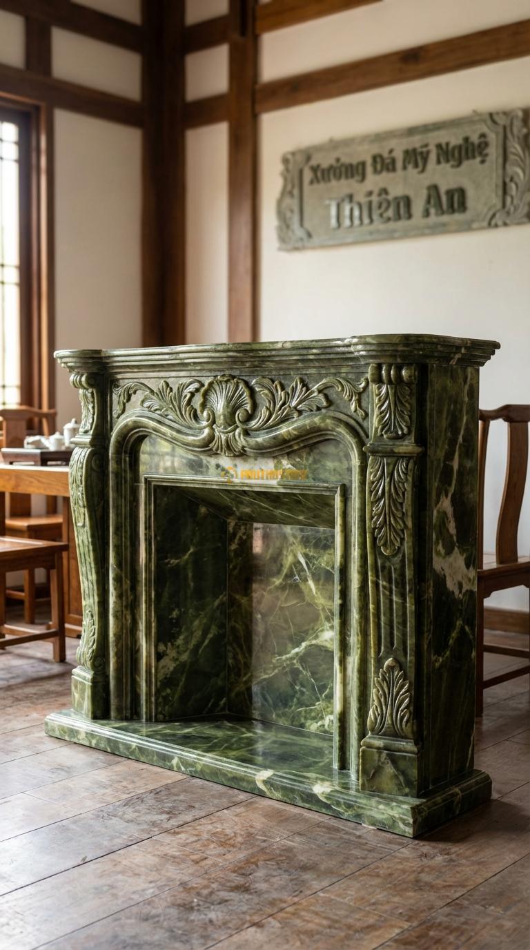 Lò Sưởi Lá Acanthus Đá Serpentine Họa tiết lá Tây (Acanthus) cuộn tròn đối xứng cổ điển, Kích thước 1m3 x 1m0 x 30cm