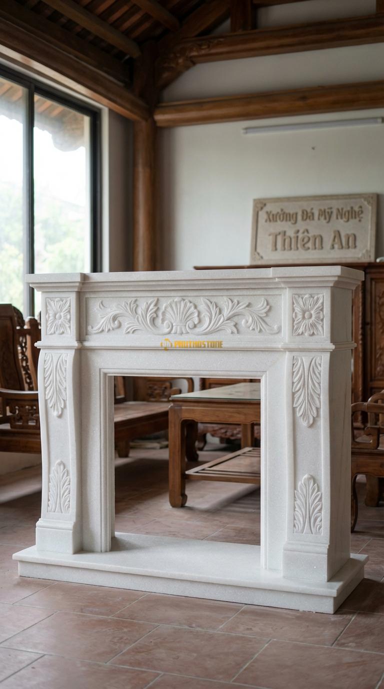 Lò Sưởi Lá Acanthus Đá Trắng Muối Họa tiết lá Tây (Acanthus) cuộn tròn đối xứng cổ điển, Kích thước 1m3 x 1m0 x 30cm