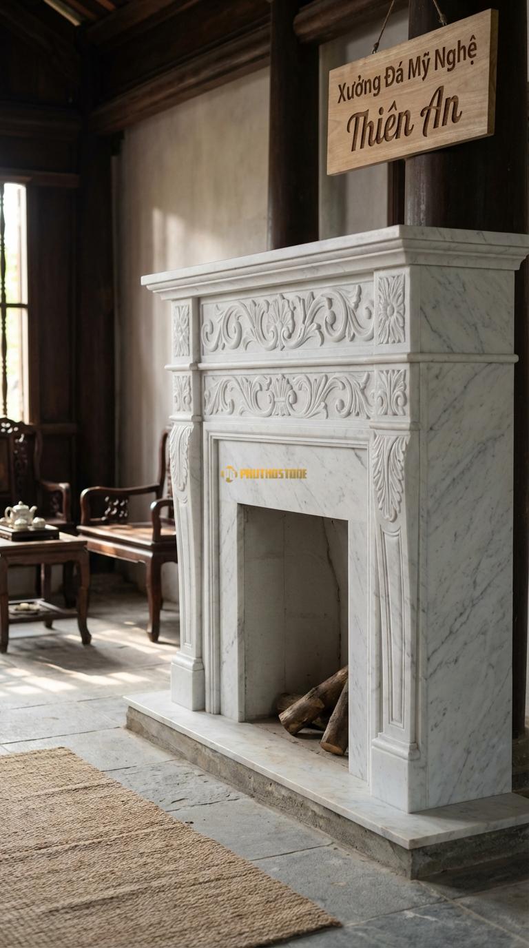 Lò Sưởi Lá Acanthus Đá Trắng Yên Bái Họa tiết lá Tây (Acanthus) cuộn tròn đối xứng cổ điển, Kích thước 1m3 x 1m0 x 30cm