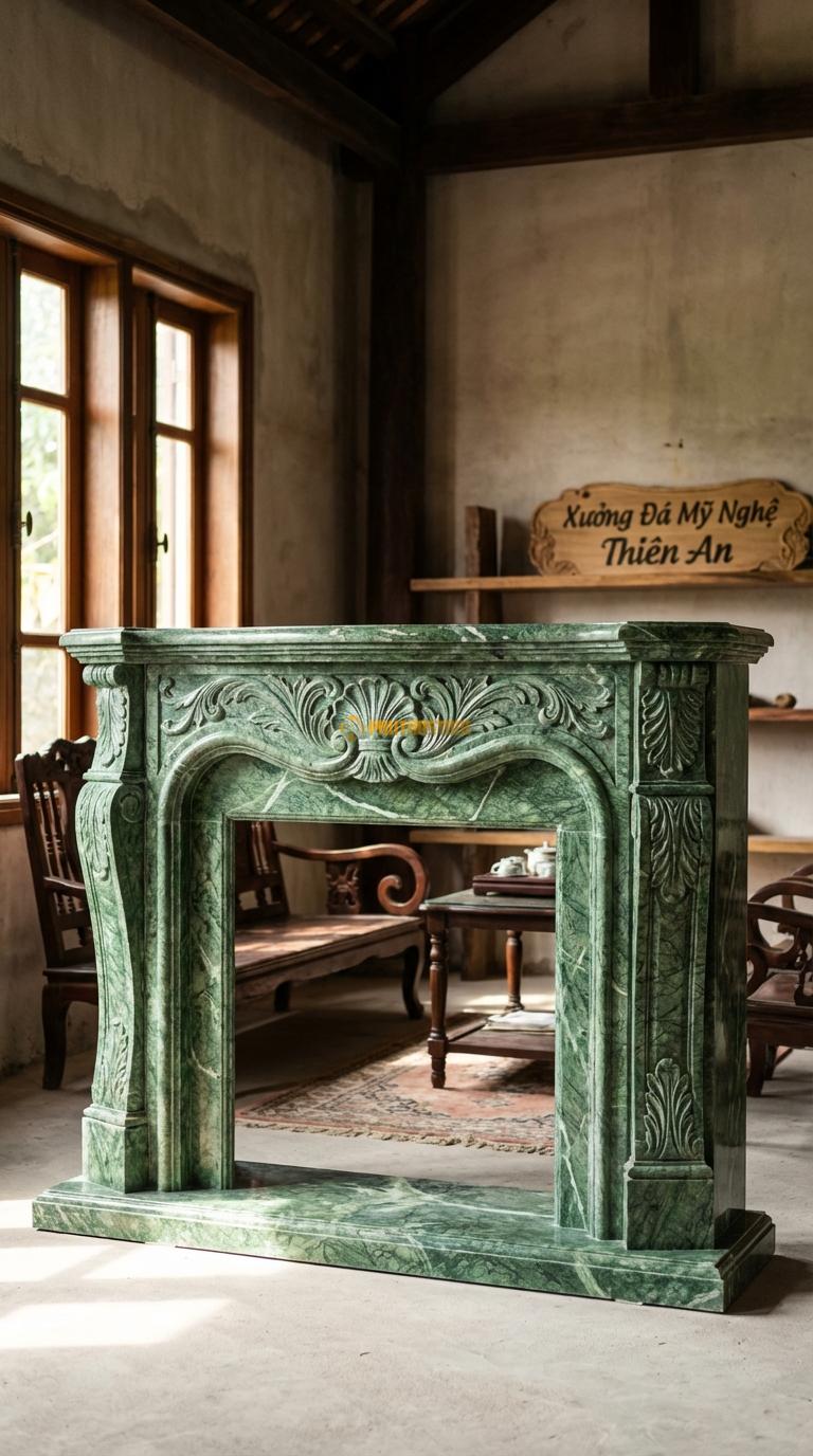 Lò Sưởi Lá Acanthus Đá Xanh Ấn Họa tiết lá Tây (Acanthus) cuộn tròn đối xứng cổ điển, Kích thước 1m3 x 1m0 x 30cm