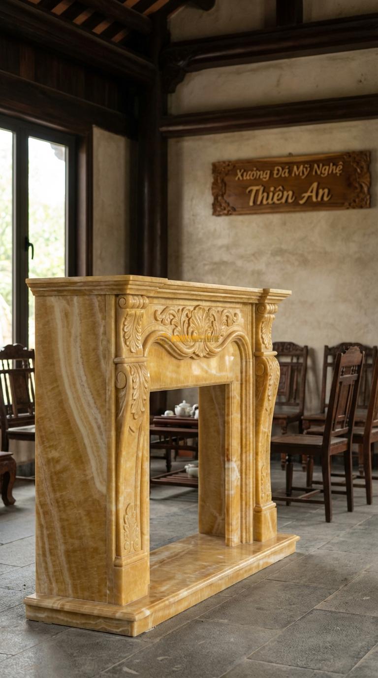 Lò Sưởi Lá Acanthus Ngọc hoàng long Họa tiết lá Tây (Acanthus) cuộn tròn đối xứng cổ điển, Kích thước 1m3 x 1m0 x 30cm