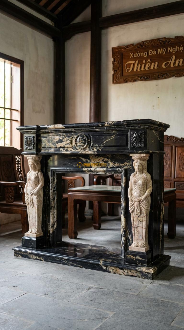 Lò Sưởi Nữ Thần (Caryatids) Đá Da Báo Hai tượng cô gái (nhân nương) đứng đỡ mái lò, Kích thước 1m5 x 1m2 x 35cm