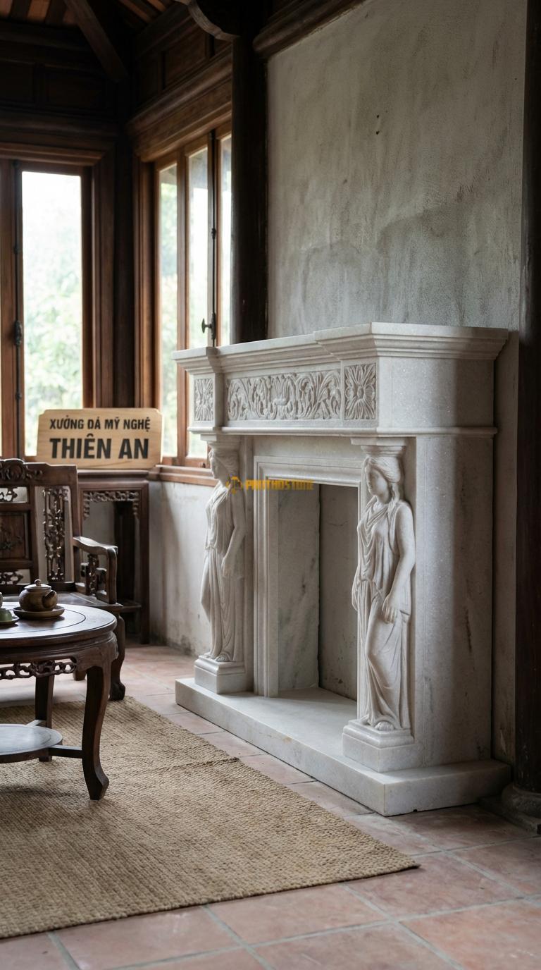 Lò Sưởi Nữ Thần (Caryatids) Đá Trắng Muối Hai tượng cô gái (nhân nương) đứng đỡ mái lò, Kích thước 1m5 x 1m2 x 35cm