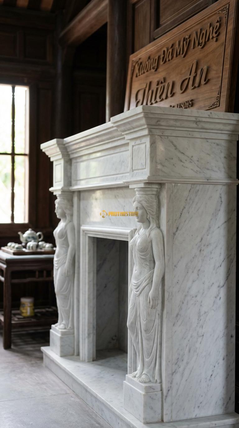 Lò Sưởi Nữ Thần (Caryatids) Đá Trắng Yên Bái Hai tượng cô gái (nhân nương) đứng đỡ mái lò, Kích thước 1m5 x 1m2 x 35cm