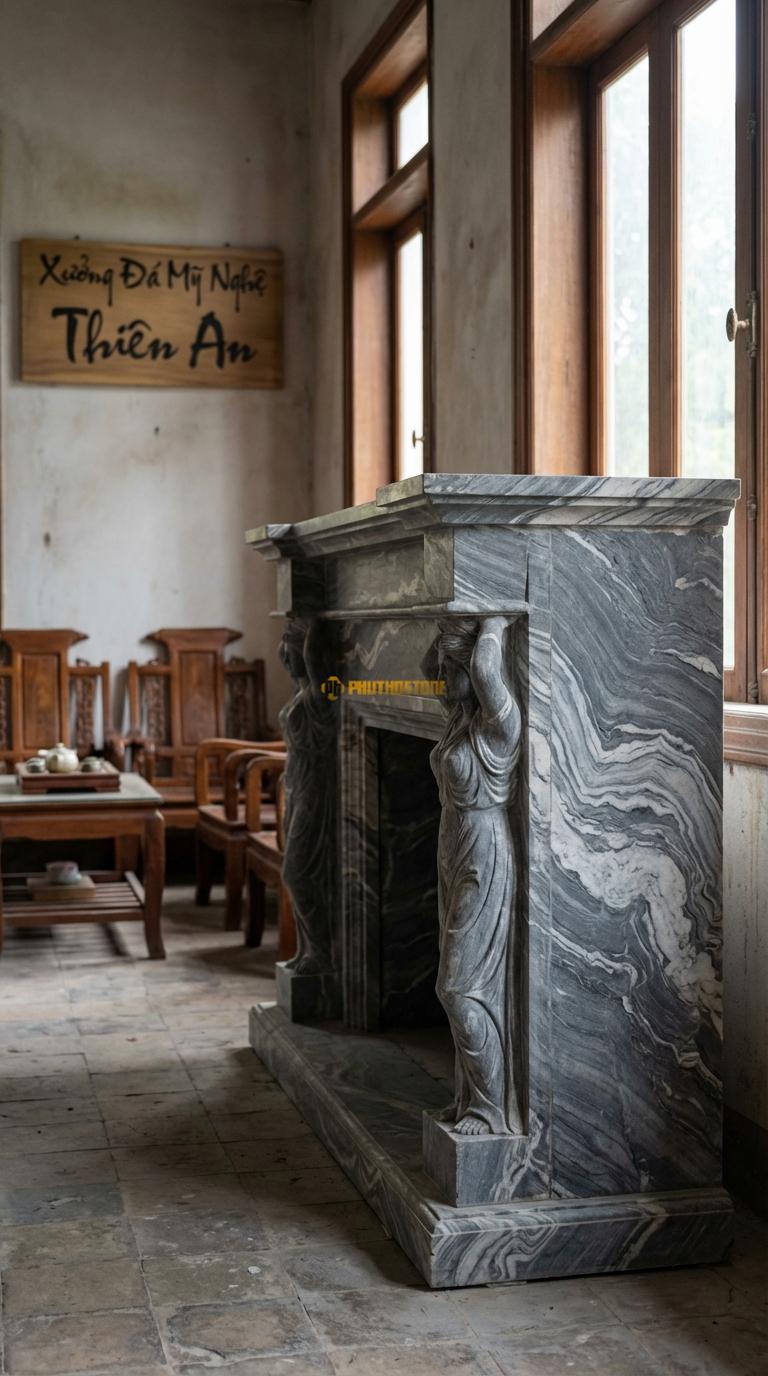 Lò Sưởi Nữ Thần (Caryatids) Đá Vân Mây Hai tượng cô gái (nhân nương) đứng đỡ mái lò, Kích thước 1m5 x 1m2 x 35cm