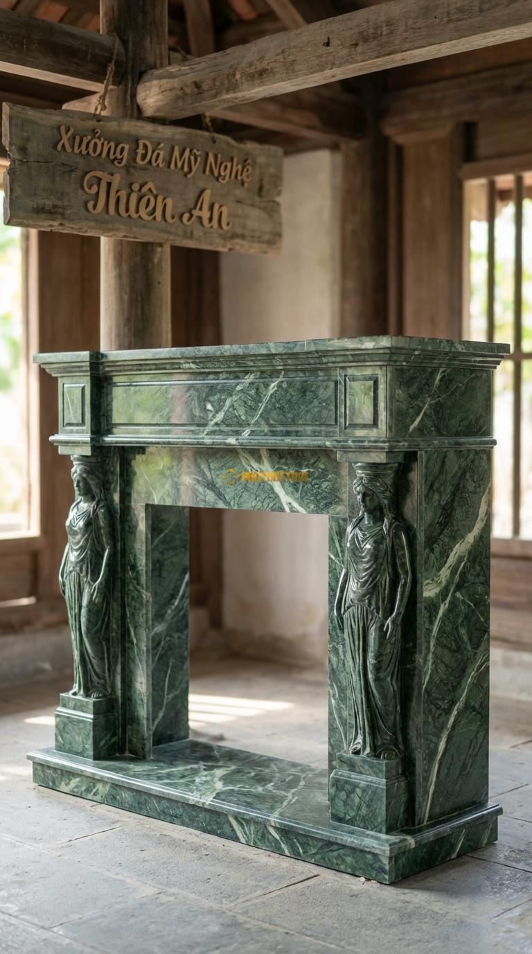 Lò Sưởi Nữ Thần (Caryatids) Đá Xanh Ấn Hai tượng cô gái (nhân nương) đứng đỡ mái lò, Kích thước 1m5 x 1m2 x 35cm