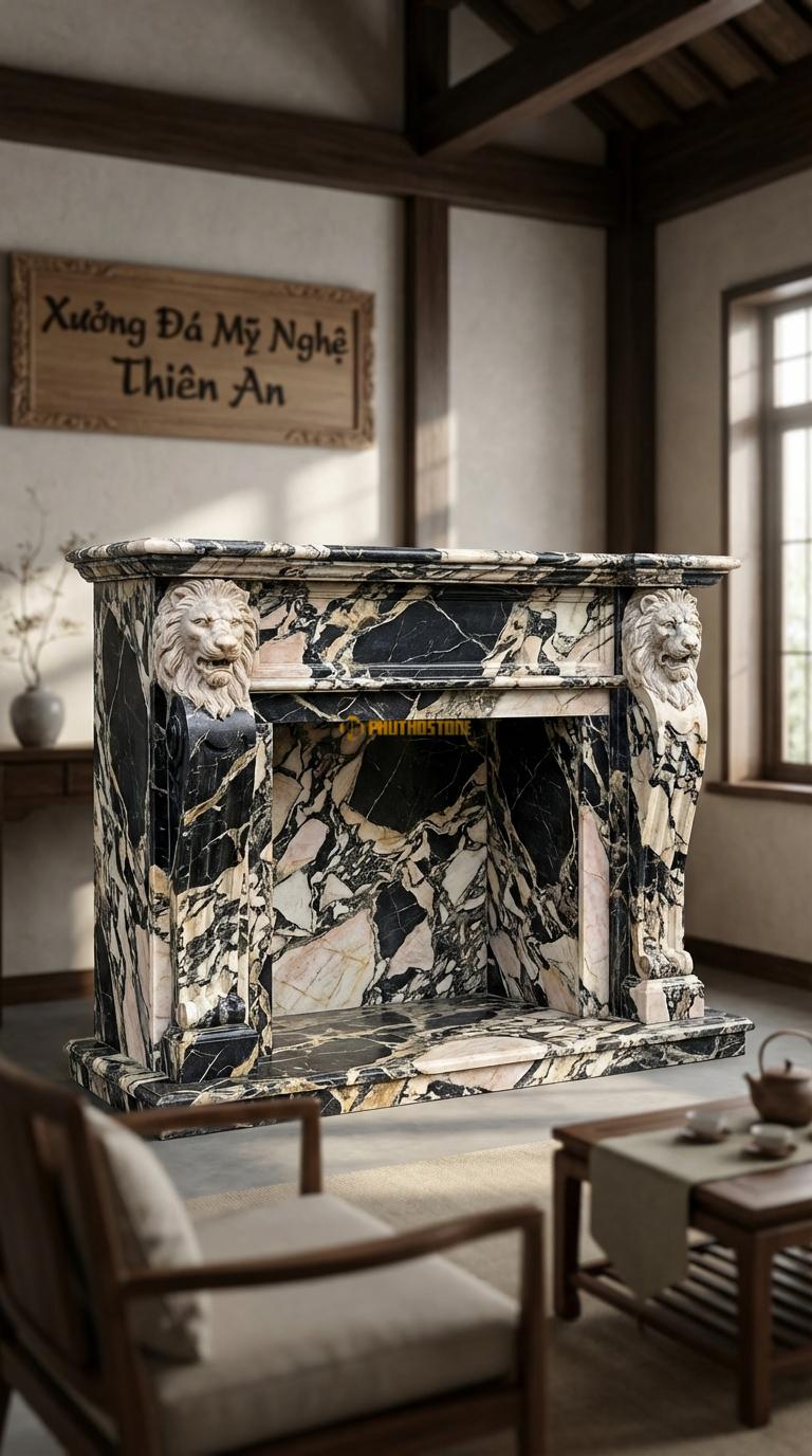 Lò Sưởi Sư Tử (Lion Head) Đá Da Báo Hai đầu sư tử chạm kênh bong đỡ dầm lò sưởi, Kích thước 1m6 x 1m3 x 40cm