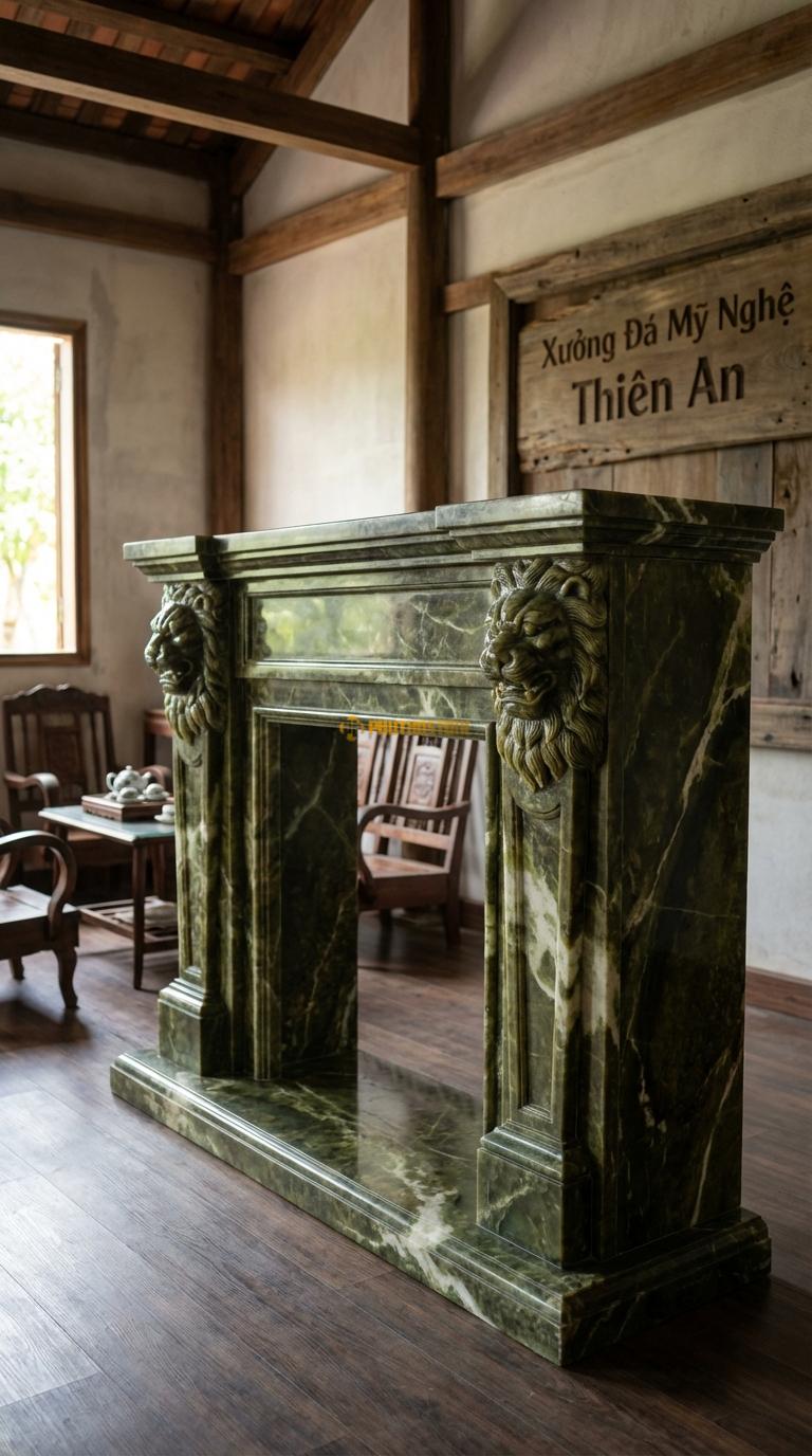 Lò Sưởi Sư Tử (Lion Head) Đá Serpentine Hai đầu sư tử chạm kênh bong đỡ dầm lò sưởi, Kích thước 1m6 x 1m3 x 40cm