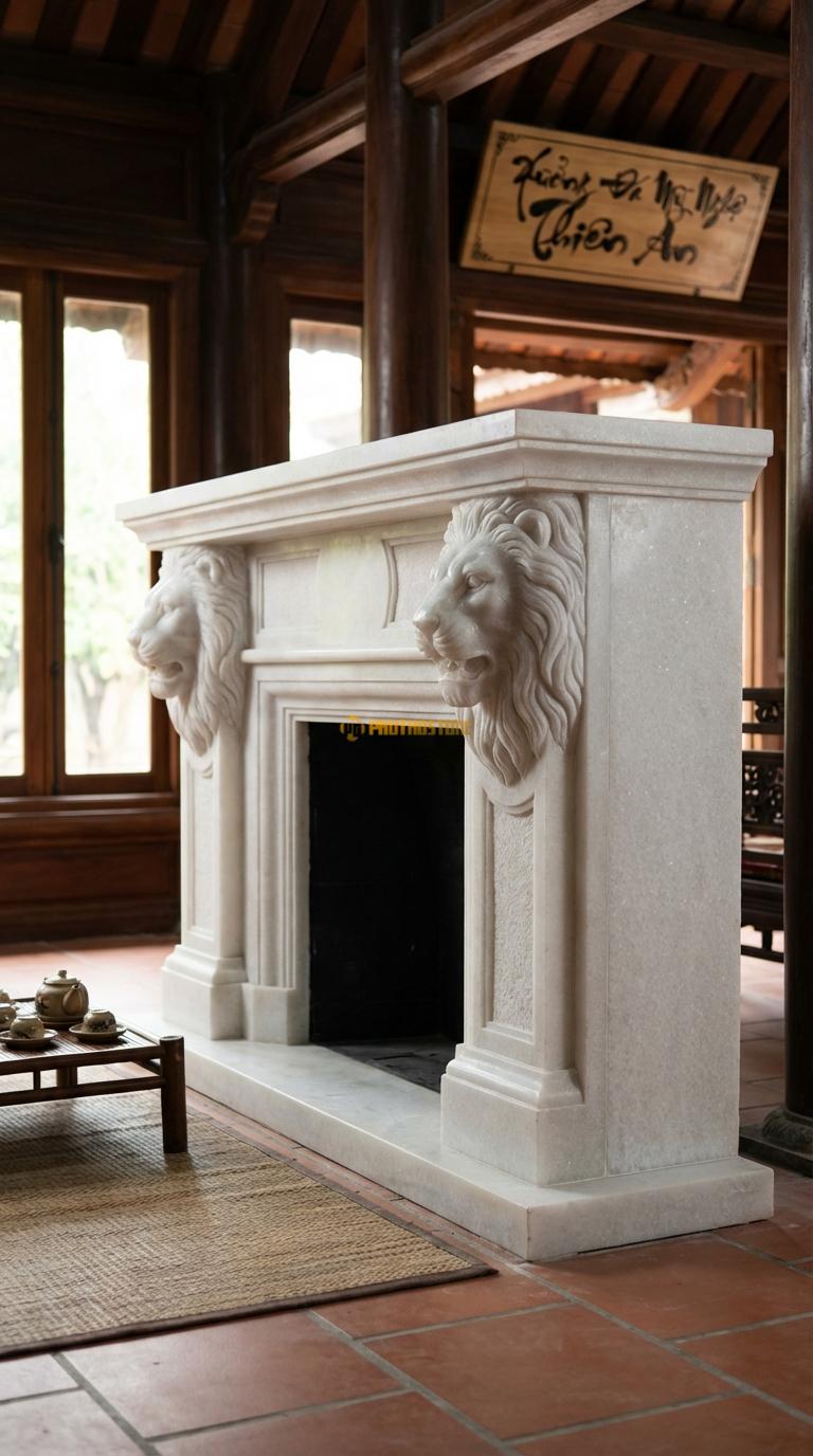 Lò Sưởi Sư Tử (Lion Head) Đá Trắng Muối Hai đầu sư tử chạm kênh bong đỡ dầm lò sưởi, Kích thước 1m6 x 1m3 x 40cm