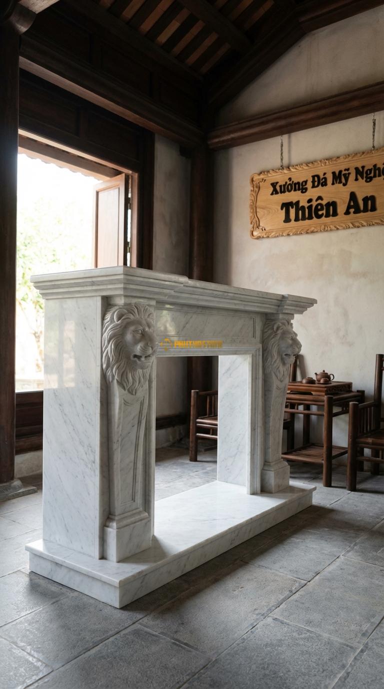 Lò Sưởi Sư Tử (Lion Head) Đá Trắng Yên Bái Hai đầu sư tử chạm kênh bong đỡ dầm lò sưởi, Kích thước 1m6 x 1m3 x 40cm