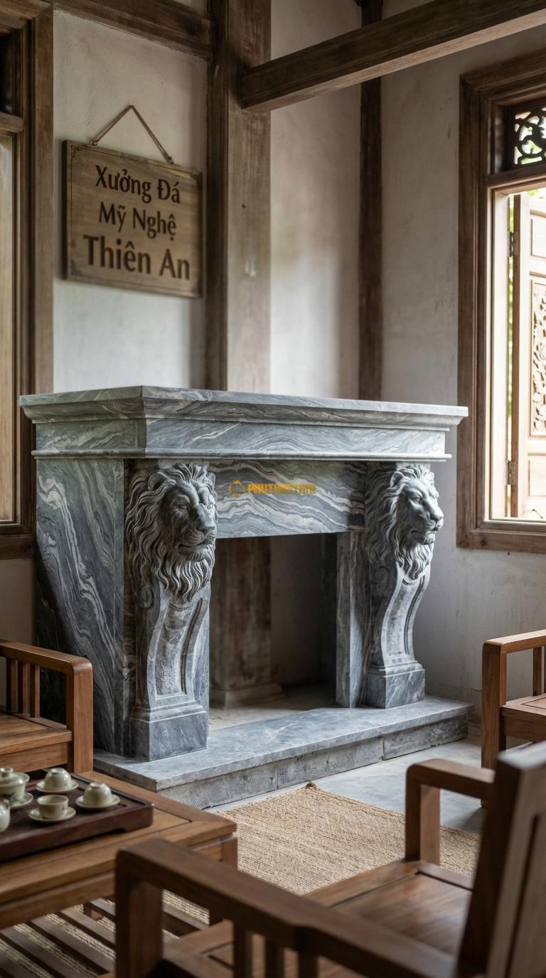 Lò Sưởi Sư Tử (Lion Head) Đá Vân Mây Hai đầu sư tử chạm kênh bong đỡ dầm lò sưởi, Kích thước 1m6 x 1m3 x 40cm
